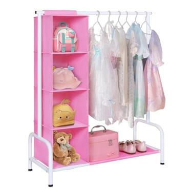 Imagem de Univivi Suporte de roupas infantis com organizador de pendurar, rack de armazenamento curto para pendurar roupas, guarda-roupa infantil para roupas de bebê, fantasias de dança, rosa/branco