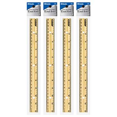 Imagem de BAZIC 30 cm de régua de madeira, borda única de metal, ferramentas de medição métrica de centímetros, réguas de precisão para crianças estudantes profissionais, pacote com 4