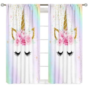 Imagem de Yearn Jear Cortinas infantis de unicórnio, arco-íris, unicórnio, rosa, dourado, princesa, para meninas, crianças, quarto de bebê, sala de estar, janela, conjunto de 2 painéis, decoração de 106 x 113