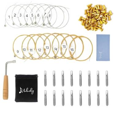 Imagem de Mulucky Harpa de lira, um conjunto de 16 cordas de harpa de lira de substituição de pinos de afinação de cordas de metal com uma chave de afinação em forma de L para harpa de lira, cítara, cravo e