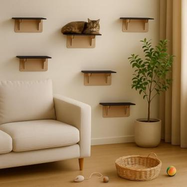 Imagem de BOXFAN Kit Prateleiras para Gatos Suspensa de Parede Bichanos Diversão Poleiro Escada com Carpete Antiderrapante Playground Gato 6 peças Descanso e Enriquecimento Ambiental em Mdf
