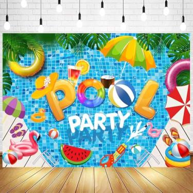 Imagem de Withu Pano de fundo para festa na piscina, praia, praia, natação, prancha, palmeira, tropical, decoração, banner, aniversário, formatura, fotografia, sessão de fotos, 1,8 x 1,2 m
