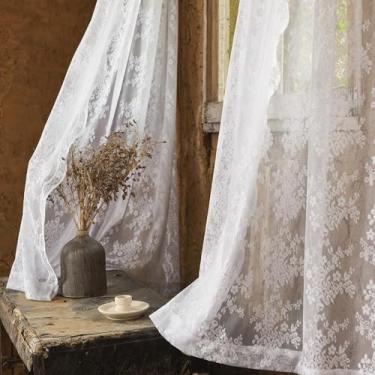 Imagem de YJ YANJUN Cortinas brancas transparentes 274 cm de comprimento conjunto de 2 casas de fazenda bordadas extra do chão ao teto renda voile para pátio porta deslizante sala de estar privacidade 2,7 m 104