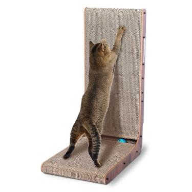 Imagem de Fluffydream Arranhador para gatos com pista de bola de brinquedos para gatos, bola embutida, arranhador em forma de L, cama de papelão, estável e durável, protetor de móveis, reversível