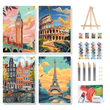 Imagem de Kit de pintura emoldurada por números para adultos iniciantes com cavalete de madeira, pintura de paisagem por números com moldura, kits de pintura de paisagem para adultos por números em tela para