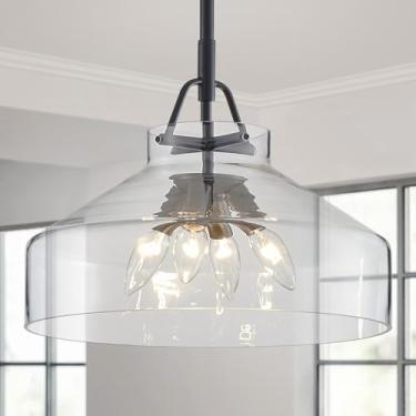 Imagem de WUZUPS Lustre rústico fazenda industrial pendente de teto redondo luminária LED com persianas de vidro transparente para sala de jantar cozinha ilha hall de entrada, H 30 cm L 38 cm, base E26, níquel