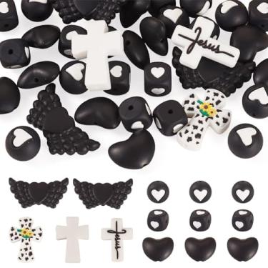 Imagem de FASHEWELRY 36 peças de contas de silicone focais de cruz preta para fabricação de chaveiros - contas de borracha com asas de anjo de coração, contas espaçadoras góticas para artesanato faça você mesmo