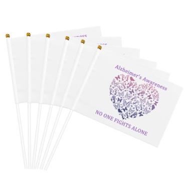 Imagem de Use roxo Mês de conscientização de Alzheimer pequenas mini bandeiras de mão bandeira de festival vara bandeira de mesa decorações de festa suprimentos sinal para desfiles quintal gramado