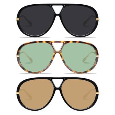 Imagem de GRFISIA Óculos de sol aviador retrô para mulheres, homens, modernos, grandes, redondos, óculos escuros vintage, (3 peças) preto/cinza + tartaruga/verde + preto/marrom, 3 Pack
