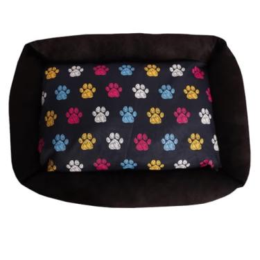 Imagem de Cama Caminha Pet Cachorro Gato Lavável Com Ziper e Colchonete Média 70 x 50 cm Grande 100 x 87 cm (Preto Patinhas Coloridas, Grande)
