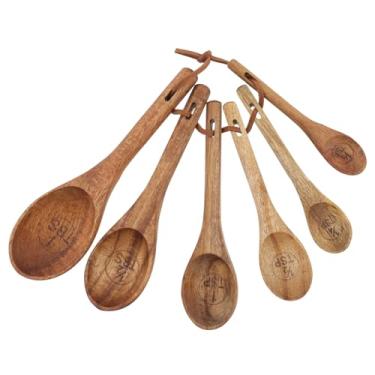 Imagem de Mewutal Conjunto de 6 colheres e colheres de medição de madeira, pequenas colheres de sopa de madeira, colheres de chá, colheres de café multiuso, colheres de medição de madeira natural retrô para
