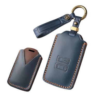 Imagem de HIBEYO Capa de chaveiro de couro adequada para Renault Kadjar Koleos Clio Scenic Megane Duster Sandero Captur Twingo Acessórios de carro Smart Remote Auto Key Case com protetor de chaveiro (azul)