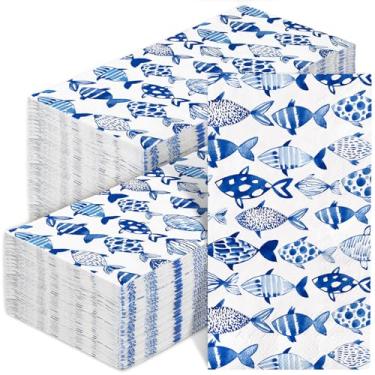 Imagem de AnyDesign Guardanapos de hóspedes de peixes do oceano com 200 guardanapos descartáveis de peixe azul aquarela guardanapos de papel de mão para banheiro verão aniversário festa mar suprimentos de mesa