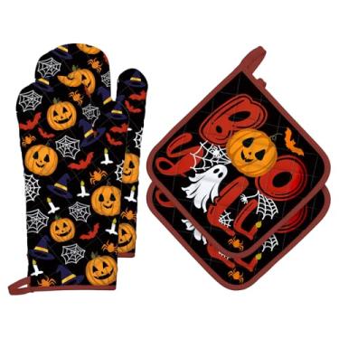 Imagem de Arquiel Conjuntos de luvas de forno e suportes de panela de abóbora de Halloween, 4 peças, 100% algodão, resistentes ao calor, luvas de forno extralongas para cozinha, cozinha, decoração de