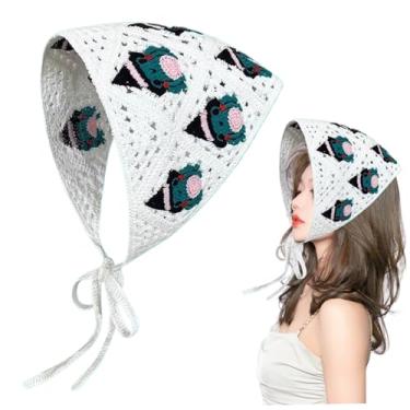 Imagem de Bandana de cabelo bandana gótica para o dia das bruxas, cachecol de crochê com alças triangulares, teia de aranha, vazado, respirável, padrão de sapo, cabelo de crochê (branco)