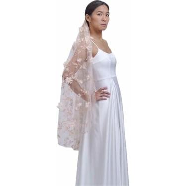 Imagem de Blush Rosa Flores 3D Véu De Casamento Nupcial Com Pente, Véu Bordado Floral Bordado Da Catedral Longa, Acessórios De Noiva De Jardim Secretos