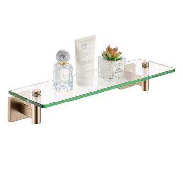 Imagem de KOKOSIRI Prateleiras de parede, ferragens de banheiro, prateleira flutuante de vidro, 40,6 cm para quarto, sala de estar, cozinha, rack de pendurar champanhe bronze B1105CPG-L16