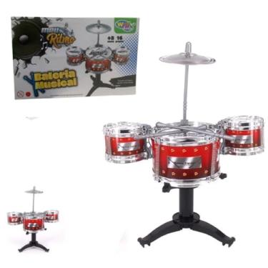 Imagem de MINI BATERIA MUSICAL 4 PÇS EDUCATIVO BRINQUEDO 3 TAMBORES + 1 PRATO + 2 BAQUETAS + SUPORTE INTERATIVO INFANTIL ROCK COMPLETA INSTRUMENTO MENINO MENINA QUALIDADE PREMIUM 30/14/26 CENT (VERMELHO)
