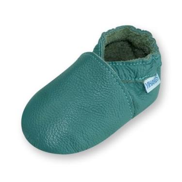 Imagem de YIHAKIDS Sapatos de couro para bebê, sola macia, mocassins para primeira caminhada, bebês, meninos, meninas, chinelos de engatinhar, sapatos de cor sólida, Ciano-A, 12-18 Months Toddler