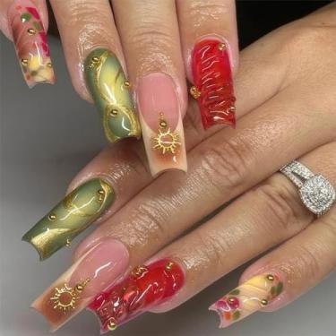 Imagem de RTKHFZE Unhas postiças quadradas de comprimento médio com ponta francesa, unhas postiças com desenhos de manchas escovadas 3D, unhas de acrílico com cobertura total, unhas adesivas para mulheres e