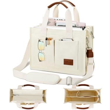 Imagem de KKXIU Bolsa feminina grande de lona com zíper e compartimentos, bolsa carteiro bíblica de trabalho transversal com bolsos, Bege, Large