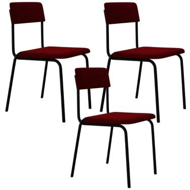 Imagem de Kit 03 Cadeiras Estofada Para Sala De Jantar Sense Preto C01 Veludo Vermelho Vinho - Lyam Decor
