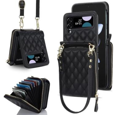 Imagem de Bolsa crossbody com zíper e bolsa carteira de couro para Samsung Galaxy Z Flip 5 4 3 Flip5 Flip4 5G alça longa capa de cordão, preta, para Samsung z flip 3