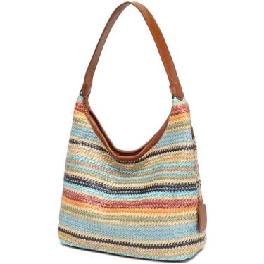 Imagem de Bolsa de ombro de palha para mulheres, bolsa de ombro de tecido macio, bolsa de praia de palha para férias, X listras coloridas, Medium, Bolsa de ombro feminina de palha para praia