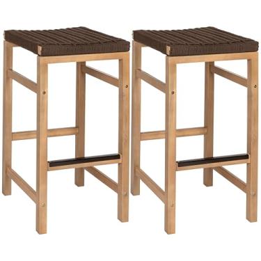 Imagem de JONATHAN Y BSL1201C-SET2 Armand 76,2 cm Banco de bar moderno de madeira de acácia costas nuas costeira com assento de corda tecida, para piscina, deque, beira da piscina, teca clara/marrom (conjunto