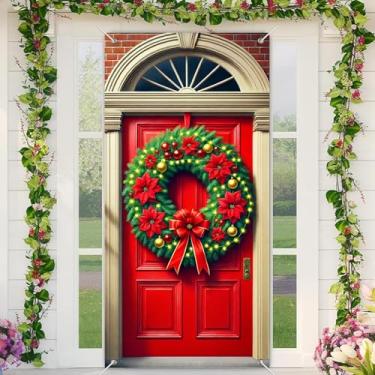 Imagem de BlissYard Poinsétia, faixa para porta de Feliz Natal, 89 x 189 cm, decoração de porta da frente com flores vermelhas, ornamentos dourados, guirlanda de pinheiro e para exibição de varanda de