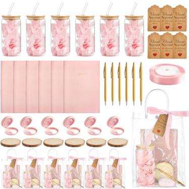 Imagem de 6 Sets Baby Shower Prizes for Game Winners Baby Shower Favors Gifts Include Glass Cups Hair Brushes Notebooks Metal Pens Wood Coasters Cards PVC Gift Bags for Wedding Bridal Showers Game Gifts (Pink)