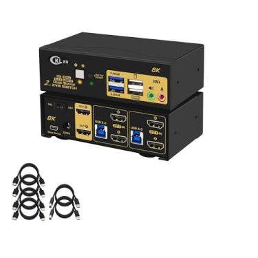 Imagem de CKLau 2 portas 8K60Hz 4K144Hz Dual Monitor KVM Switch HDMI com cabos, áudio, microfone, 2 unidades USB 3.0 Hub periférico para teclado, mouse, 2 computadores compartilhando 2 monitores