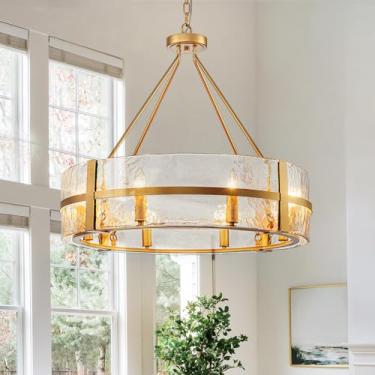 Imagem de HUOKU Lustre de vidro dourado para sala de jantar, lustre de tambor de vidro grande moderno de 71 cm, luminária suspensa de casa de fazenda para hall de entrada de teto alto, sala de estar, cozinha