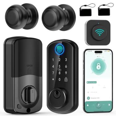 Imagem de Conjunto de fechadura de porta frontal inteligente: fechadura de porta de entrada sem chave WiFi Hornbill com conjunto de alça com 2 maçanetas Alexa Bluetooth Remote Code para casa preto fosco