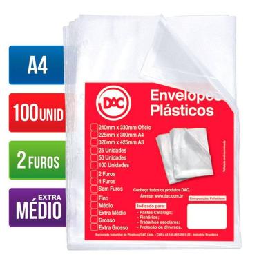 Imagem de Envelope plástico A4 0.12 2 furos 5179A4 Pct 100 unid Dac