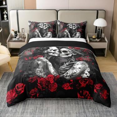 Imagem de Jogo de cama king casal crânio de açúcar 100% algodão gótico romântico rosa vermelha conjunto de capa de edredom gótico, amantes de esqueleto branco gótico, capa de edredom de flor, amor, coração