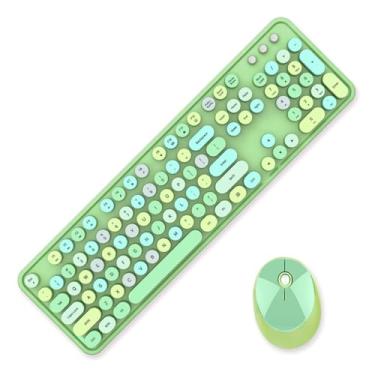 Imagem de Combo de teclado e mouse verde sem fio GTSP com teclado colorido e fofo, máquina de escrever retrô com teclas redondas para computador, laptop, PC, Mac 2,4 GHz, conexão sem queda (verde multicolorido)