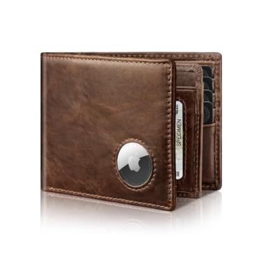 Imagem de Carteira masculina com suporte para AirTag, carteira de couro legítimo com bloqueio de RFID com 14 compartimentos para cartão, janela para identidade e 2 bolsos para dinheiro (AirTag não incluído