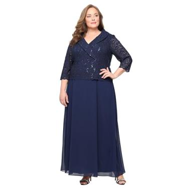 Imagem de Alex Evenings Vestido feminino plus size com manga 3/4 e gola retrato elástico renda corpete mãe da noiva, Azul marino, 48