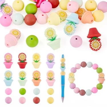 Imagem de FASHEWELRY 16 peças de contas focais de silicone para canetas, kit de fabricação de pulseiras de borracha de cores mistas, espaçadores redondos de flores, contas de silicone para chaveiros, kit de