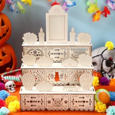 Imagem de Pinkunn Dia De Los Muertos Altar Ofrenda, pintura automática de madeira compensada de álamo, cor de caveira de açúcar, pata e ossos de peixe, papel picado, dia dos mortos para decoração Dia De Los