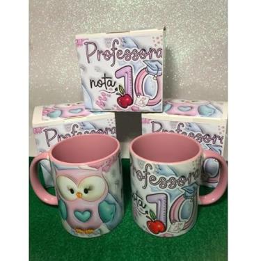 Imagem de Caneca Dia dos Professores, Design Coruja, 325ml, Embalagem Presente, Branco e Rosa/Azul