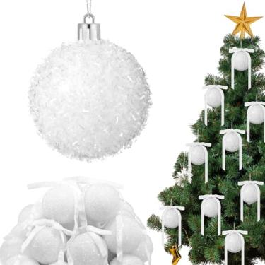 Imagem de Wesiti Conjunto de 24 bolas de Natal brancas com glitter, 24 bolas de Natal de 6,6 cm à prova de estilhaçamento com 24 enfeites de lantejoulas para pendurar em ambientes internos e externos para