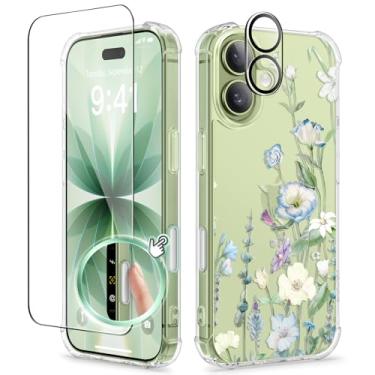Imagem de GVIEWIN Capa para iPhone 17, com protetor de tela + protetor de lente da câmera, [não amarela] Capa protetora feminina transparente floral fina à prova de choque rígida PC traseira para iPhone 17 de