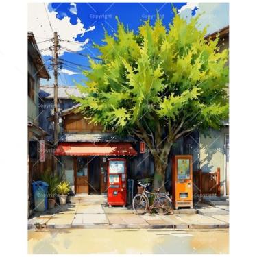 Imagem de Kit de pintura de rua japonesa por números para adultos - Máquinas de venda automática DIY e pintura de cena de bicicleta em tela 40,6 x 50 cm, conjunto de tinta acrílica, adequado para iniciantes