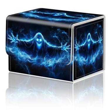 Imagem de Caixa de armazenamento de jogos de cartas TCG Deck Box MTG Card Box Organizer Trading Card Box Commander Deck Box TCG Card Storage Box Magnetic Closure Creative Pattern Até 200 Cartões, Chama Azul