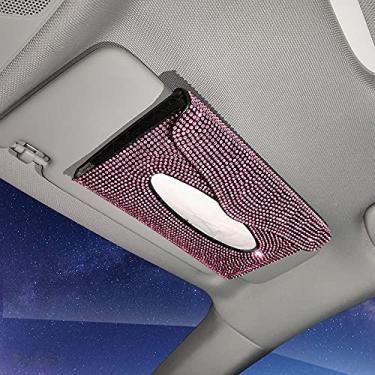 Imagem de MINGZAIQIPEI Suporte de caixa de lenços para viseira de sol para carro, puro, feito à mão, cristal cintilante, porta-guardanapos, couro PU, capa de tecido para mulheres (rosa)