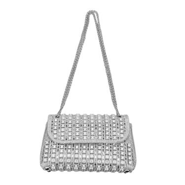 Imagem de AMPOSSTO Bolsa feminina de strass para noite, bolsa clutch de cristal brilhante com alça de corrente para coquetel, casamento, formatura, Prata, One Size