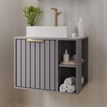 Imagem de Gabinete para Banheiro 60cm com 1 Porta 2 Nichos e Cuba de Sobrepor Noruega Platina