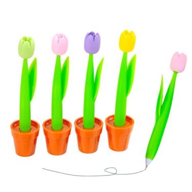 Imagem de XIANFANG Pacote com 4 canetas de gel tulipas, lindas canetas de flor com ponta fina de 0,5 mm, aderência de pétala de borracha macia, 4 cores (rosa, roxo, amarelo, verde) para diário, escola